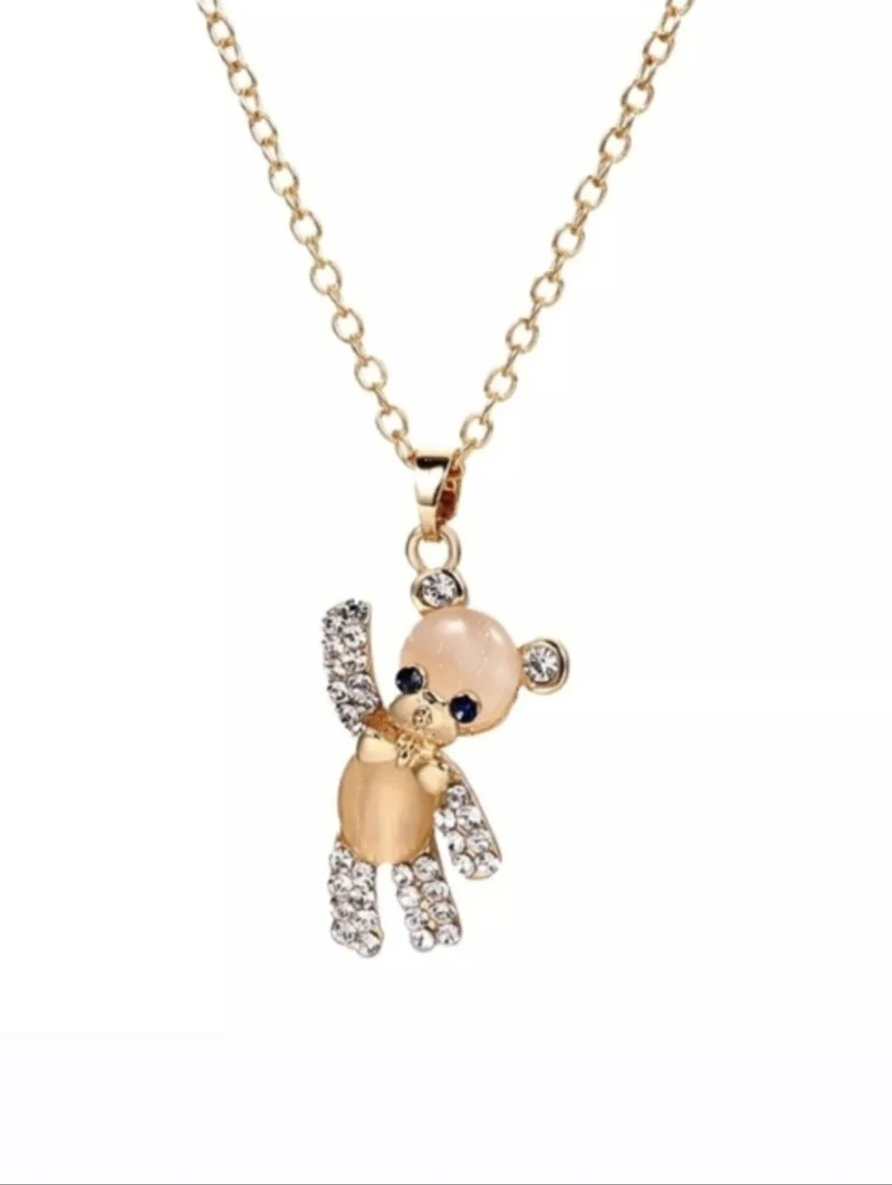 Gold Teddy Bear Cats Eye Gemstone Rhinestone Necklace Necklaces